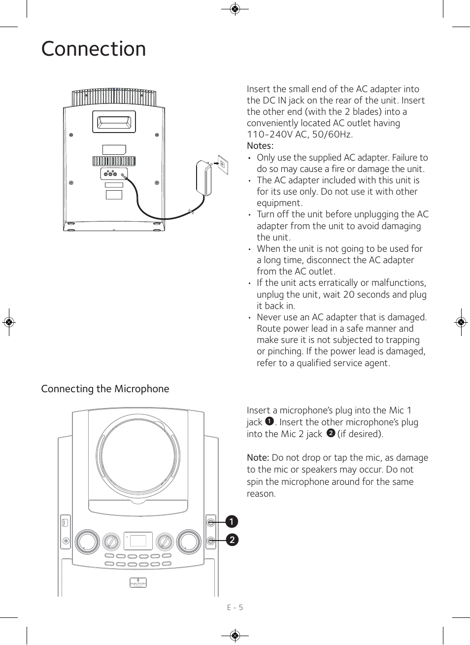 Connection, Connecting the microphone | Singing Machine iSM990 User Manual | Page 6 / 40