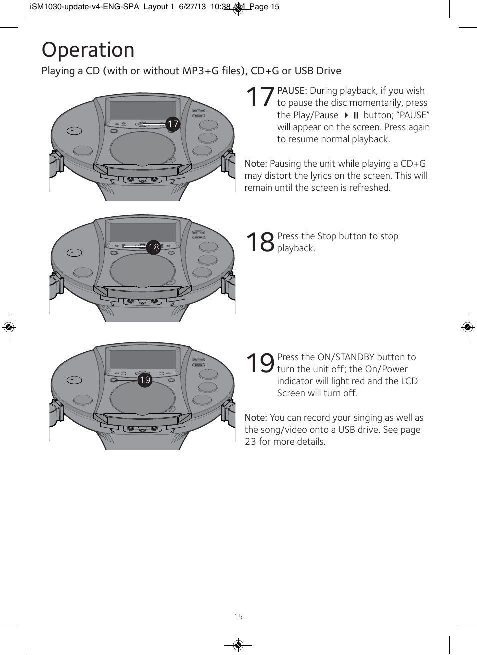 Operation | Singing Machine iSM1030 User Manual | Page 16 / 60