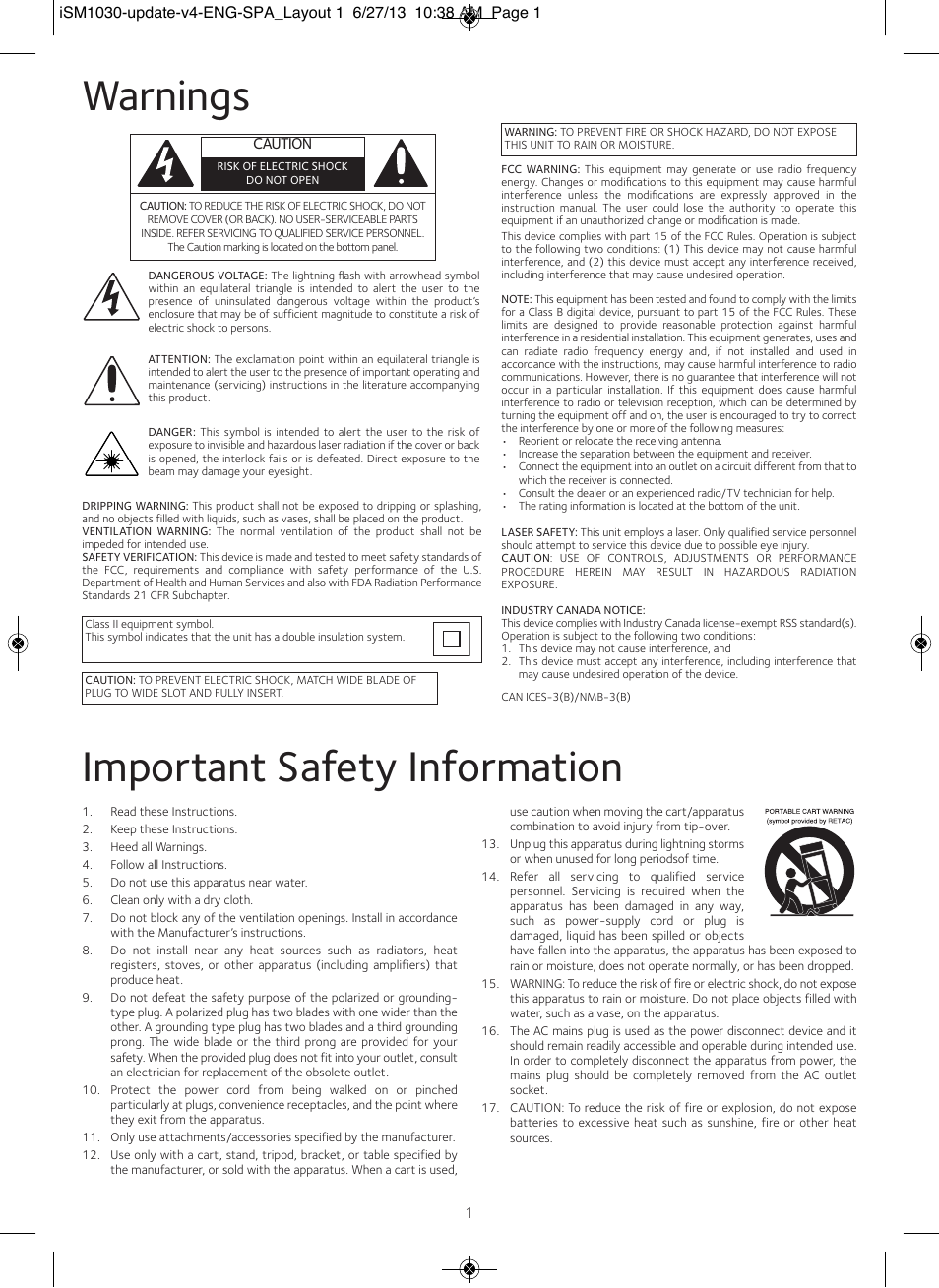 Warnings, Important safety information | Singing Machine iSM1030 User Manual | Page 2 / 60