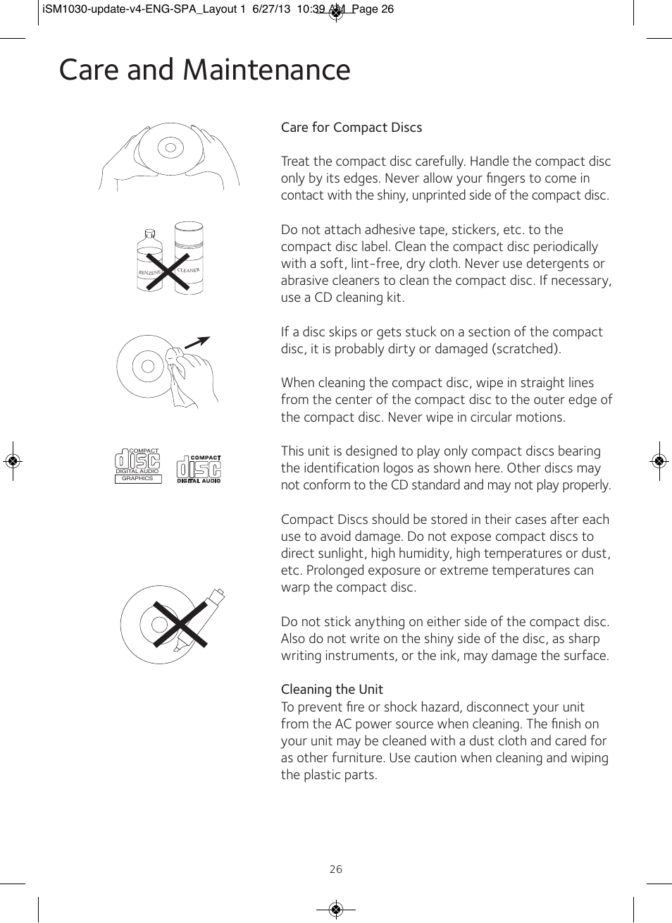 Care and maintenance | Singing Machine iSM1030 User Manual | Page 27 / 60