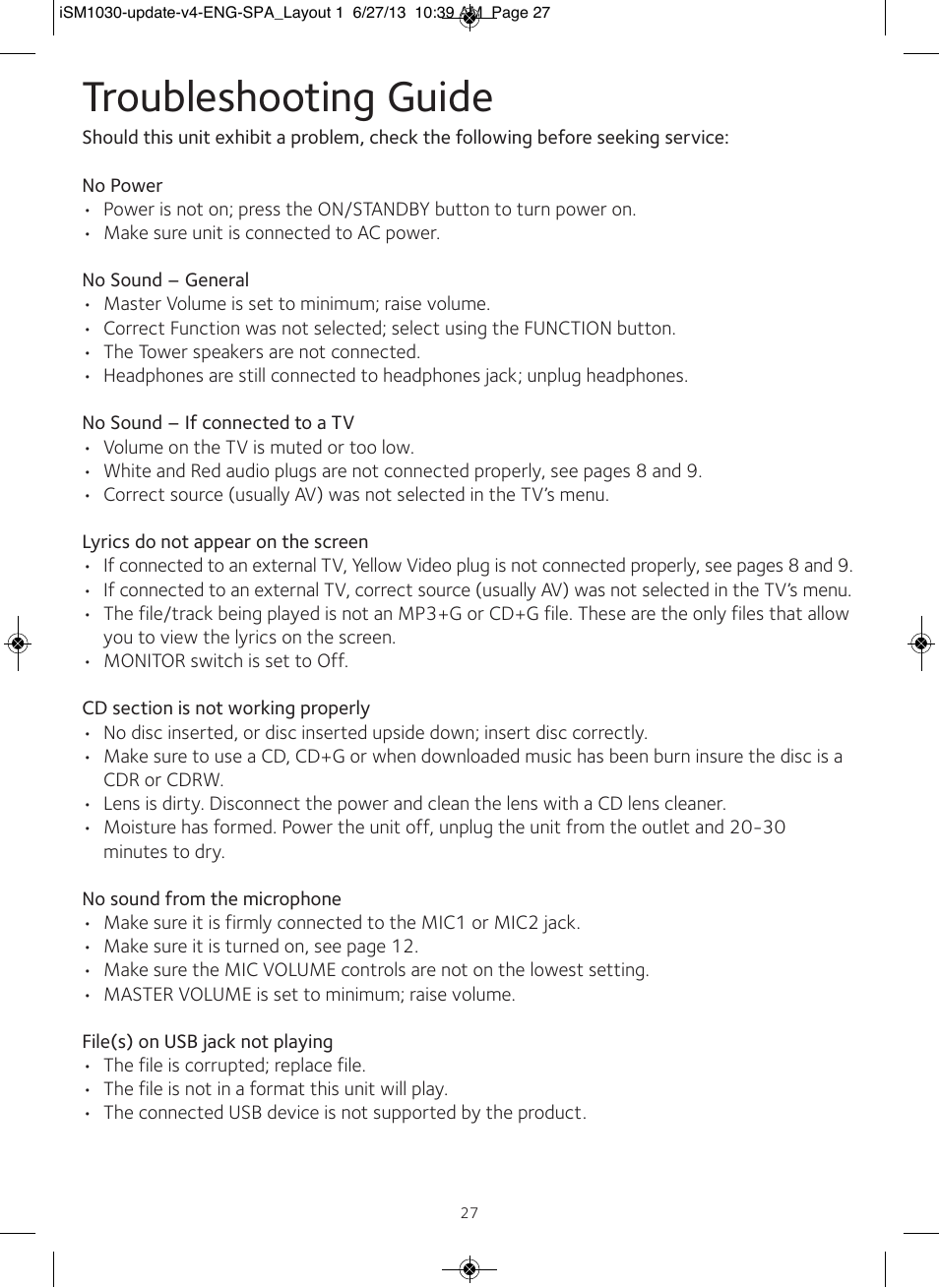 Troubleshooting guide | Singing Machine iSM1030 User Manual | Page 28 / 60