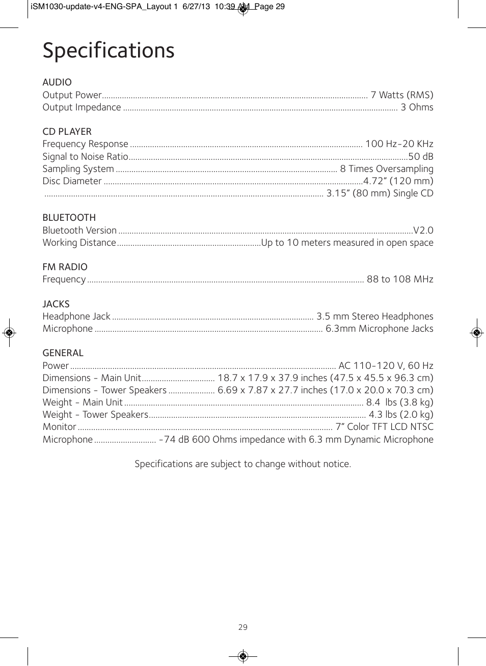 Specifications | Singing Machine iSM1030 User Manual | Page 30 / 60