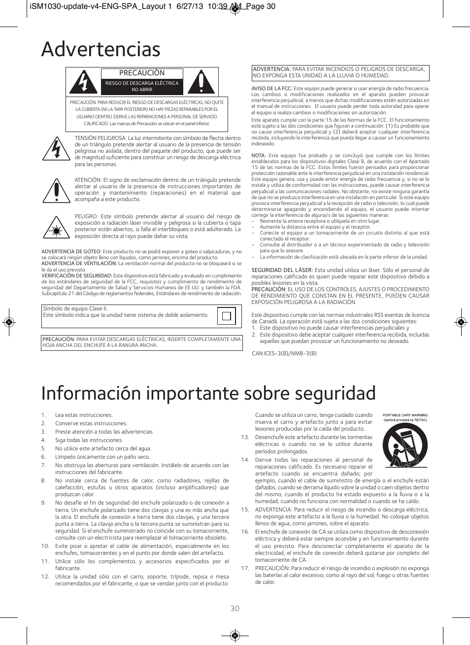 Advertencias, Información importante sobre seguridad | Singing Machine iSM1030 User Manual | Page 31 / 60