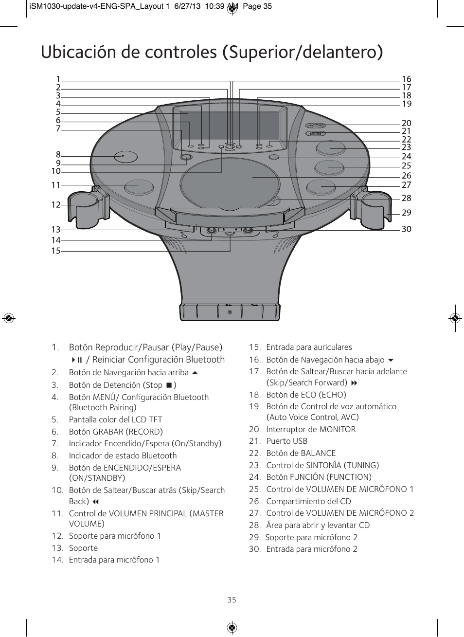 Ubicación de controles (superior/delantero) | Singing Machine iSM1030 User Manual | Page 36 / 60