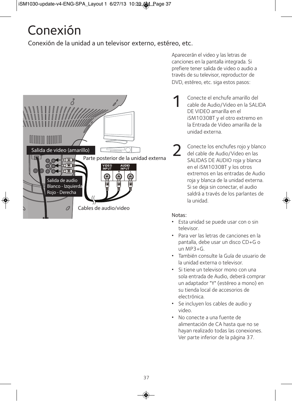 Conexión | Singing Machine iSM1030 User Manual | Page 38 / 60