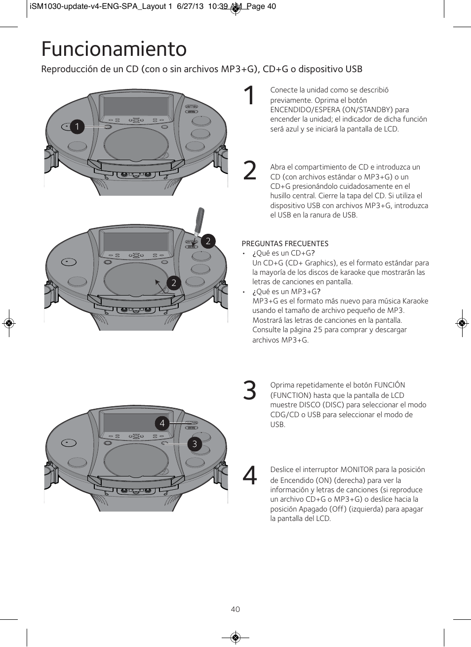 Funcionamiento | Singing Machine iSM1030 User Manual | Page 41 / 60