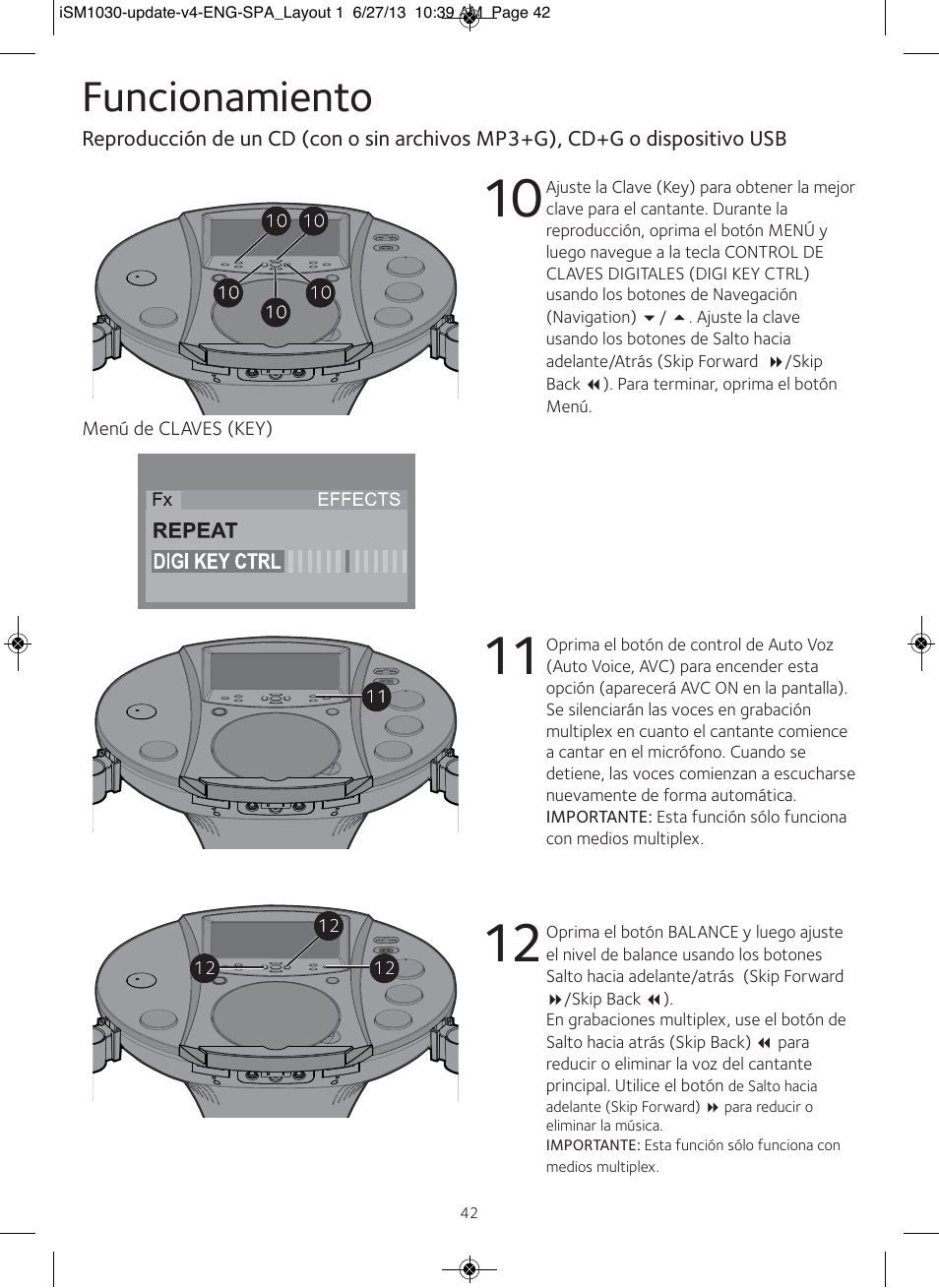 Funcionamiento | Singing Machine iSM1030 User Manual | Page 43 / 60