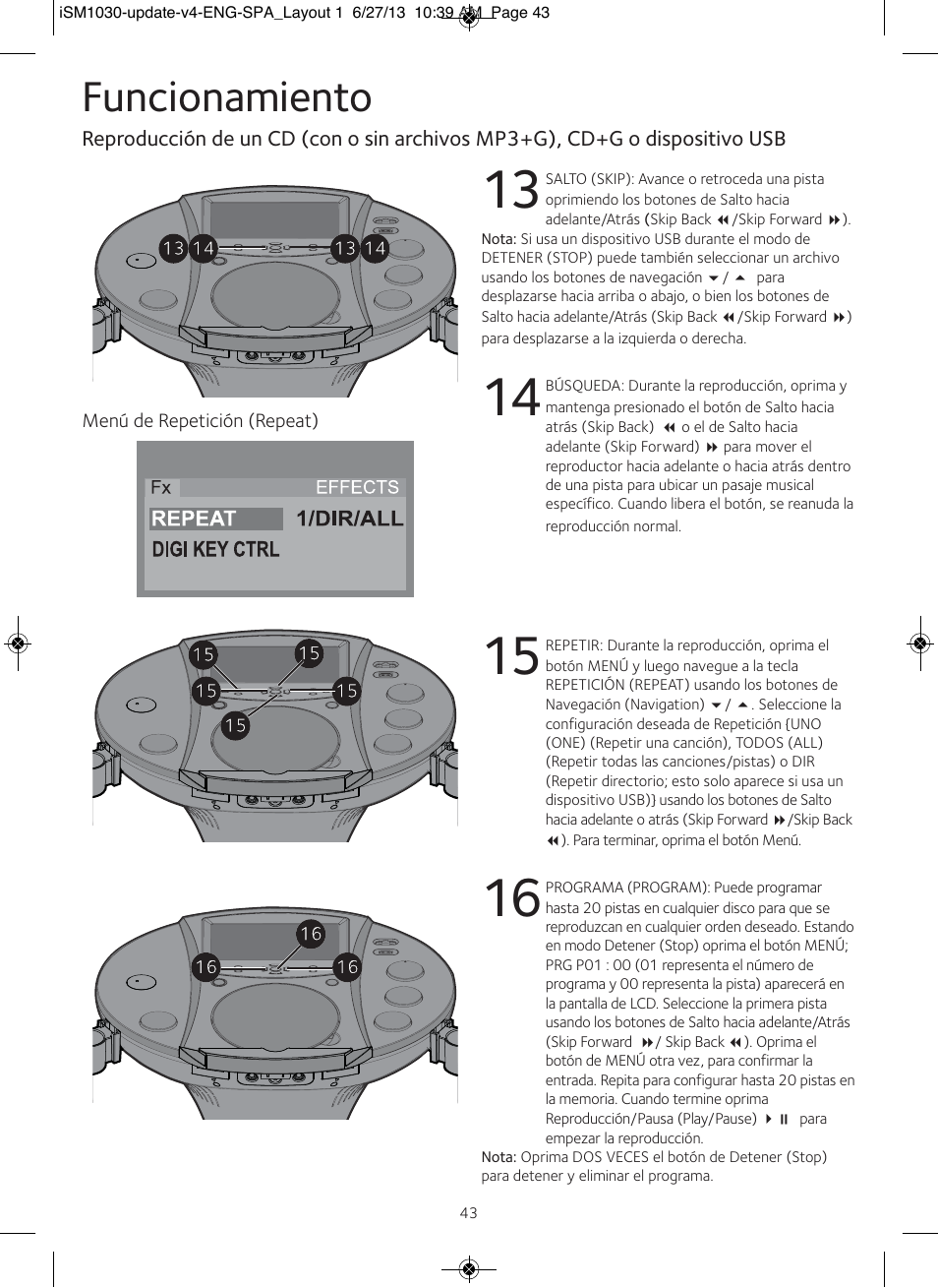 Funcionamiento | Singing Machine iSM1030 User Manual | Page 44 / 60