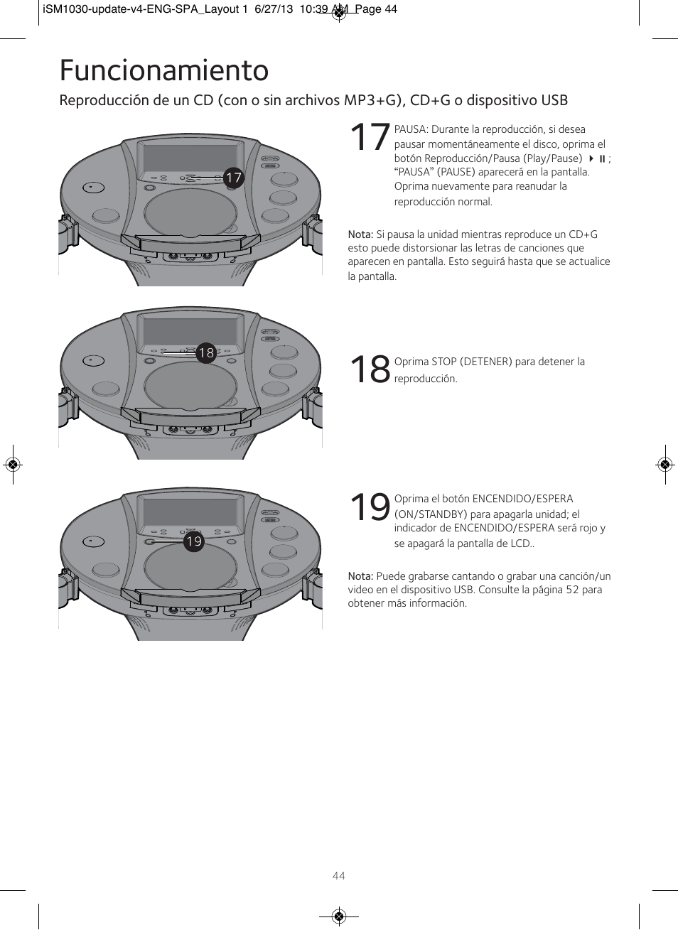 Funcionamiento | Singing Machine iSM1030 User Manual | Page 45 / 60