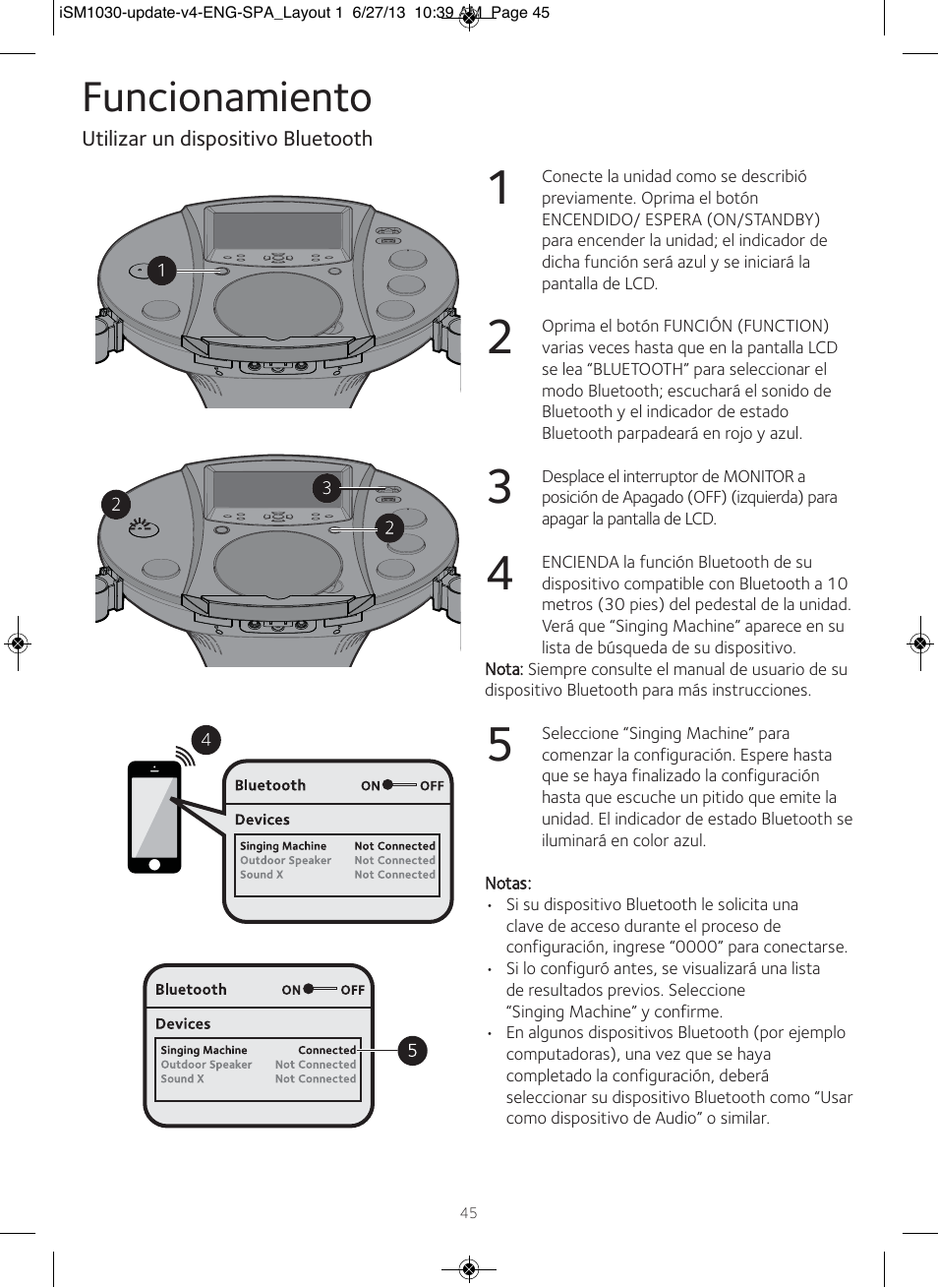 Funcionamiento | Singing Machine iSM1030 User Manual | Page 46 / 60
