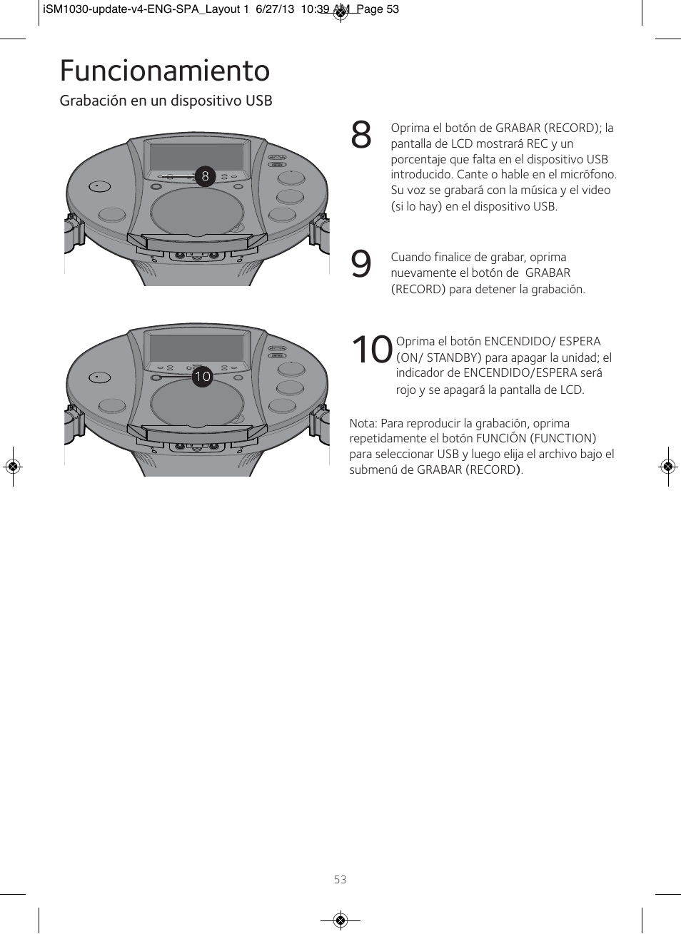 Funcionamiento | Singing Machine iSM1030 User Manual | Page 54 / 60