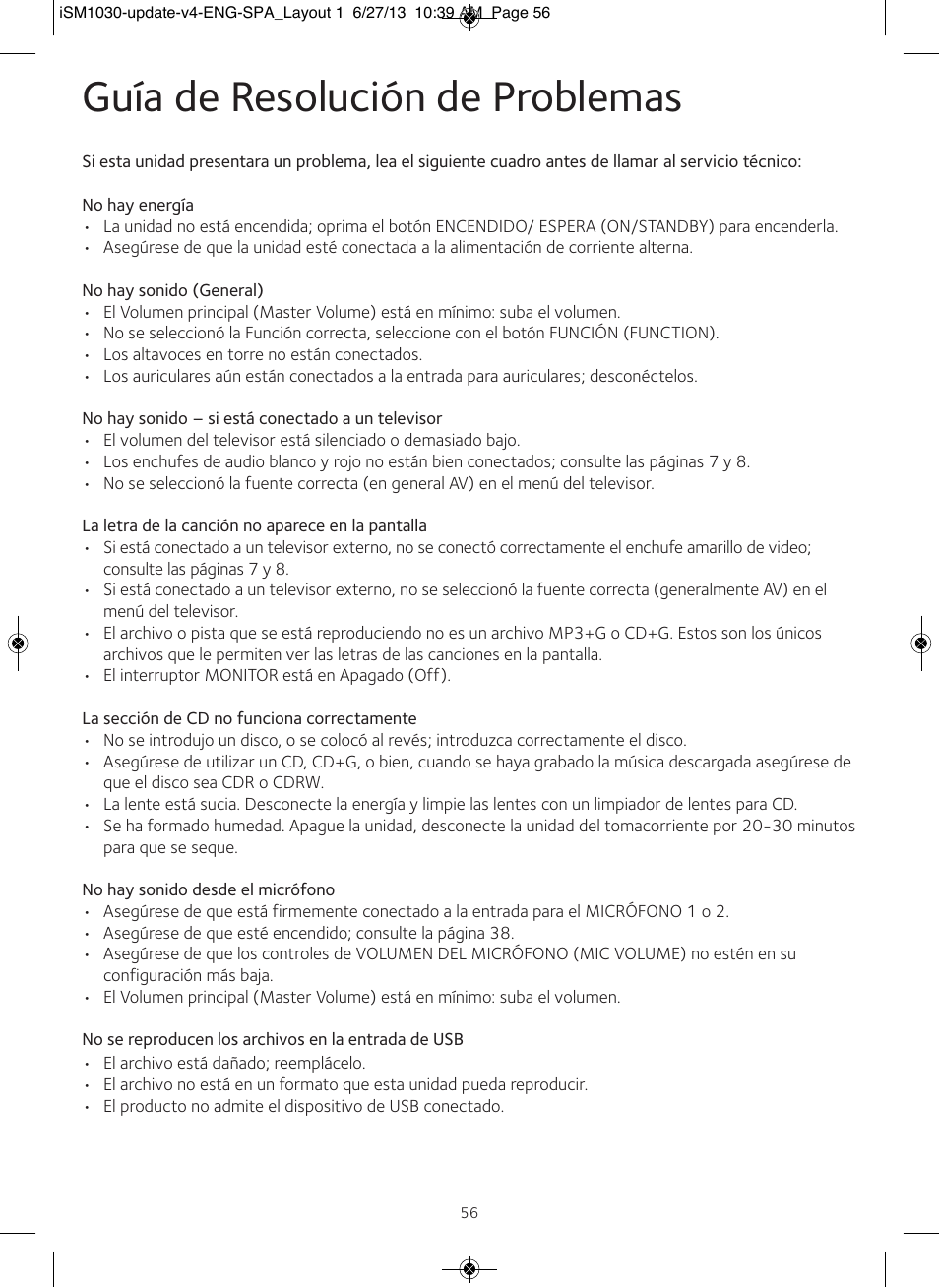 Guía de resolución de problemas | Singing Machine iSM1030 User Manual | Page 57 / 60