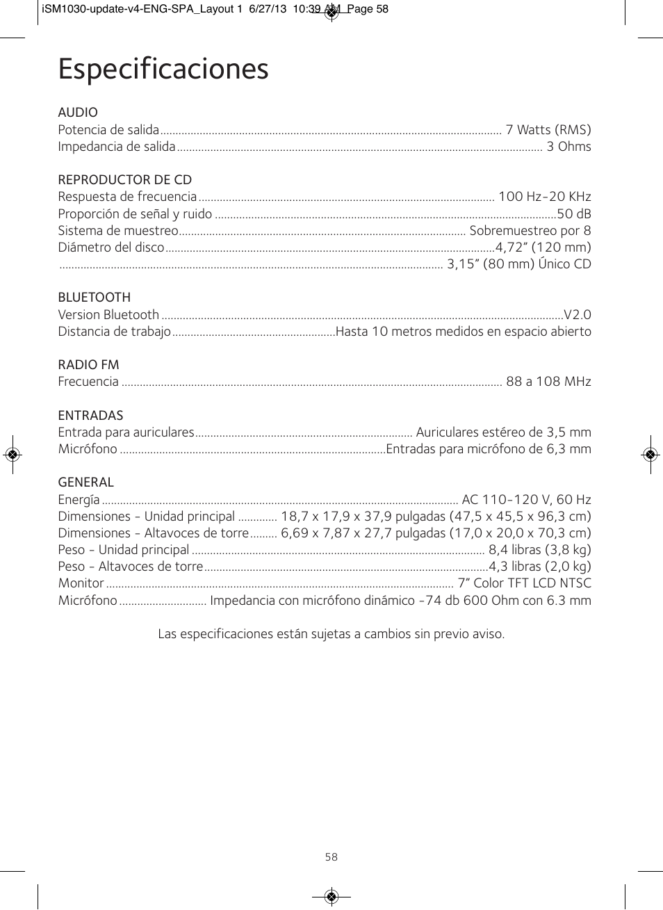 Especificaciones | Singing Machine iSM1030 User Manual | Page 59 / 60