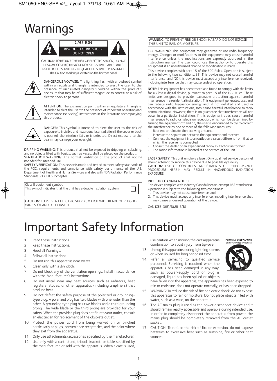 Warnings, Important safety information | Singing Machine iSM1050 User Manual | Page 2 / 58