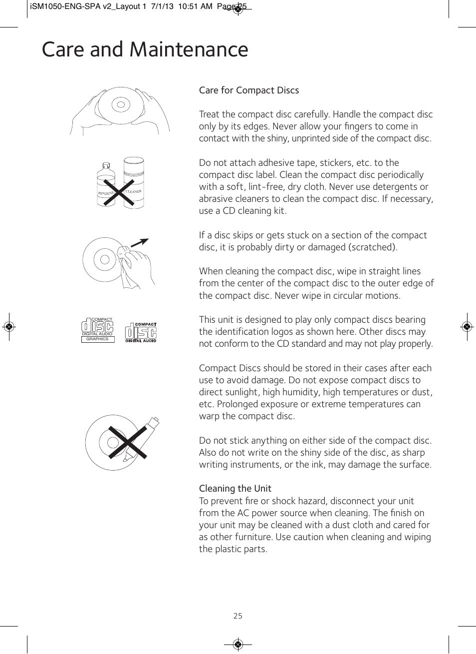 Care and maintenance | Singing Machine iSM1050 User Manual | Page 26 / 58