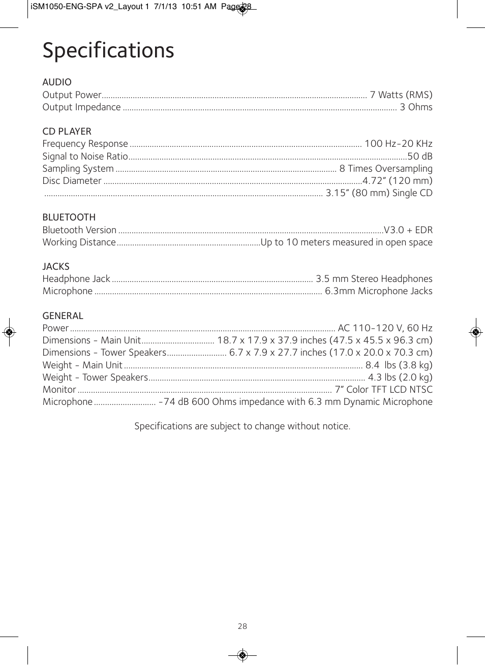 Specifications | Singing Machine iSM1050 User Manual | Page 29 / 58