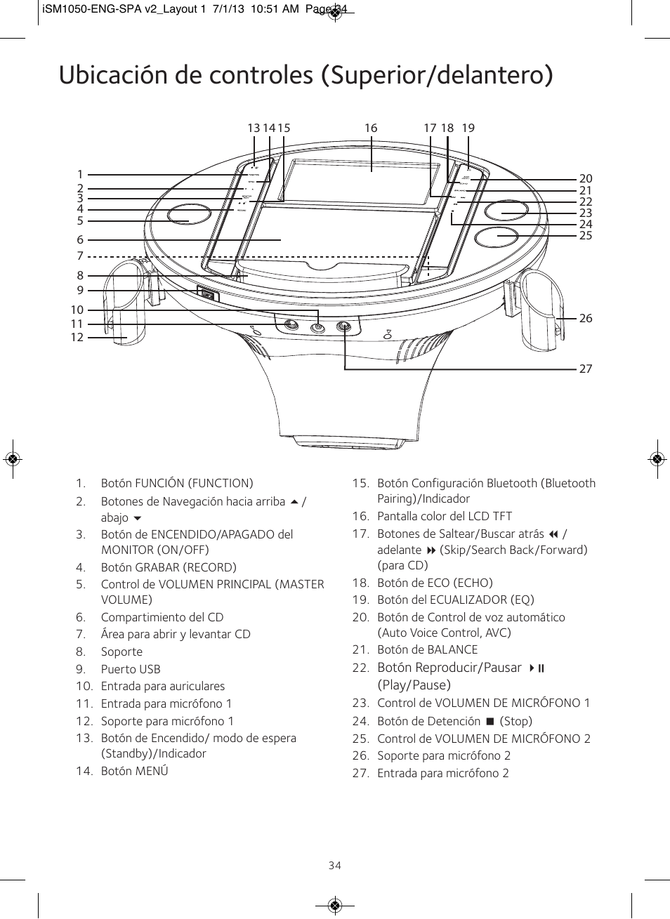 Ubicación de controles (superior/delantero) | Singing Machine iSM1050 User Manual | Page 35 / 58