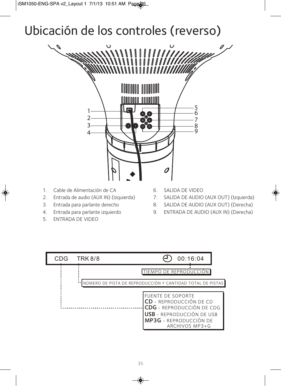 Ubicación de los controles (reverso) | Singing Machine iSM1050 User Manual | Page 36 / 58