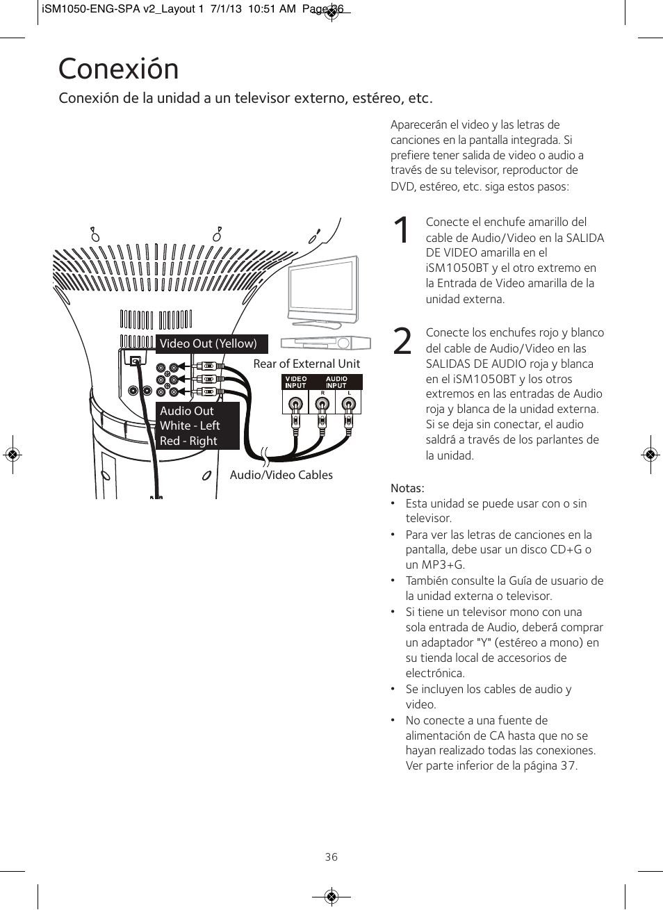 Conexión | Singing Machine iSM1050 User Manual | Page 37 / 58