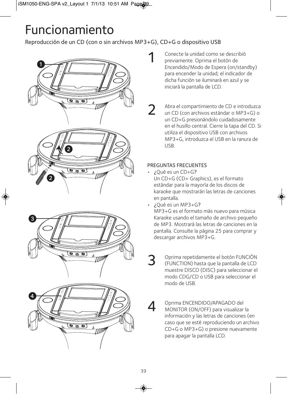 Funcionamiento | Singing Machine iSM1050 User Manual | Page 40 / 58
