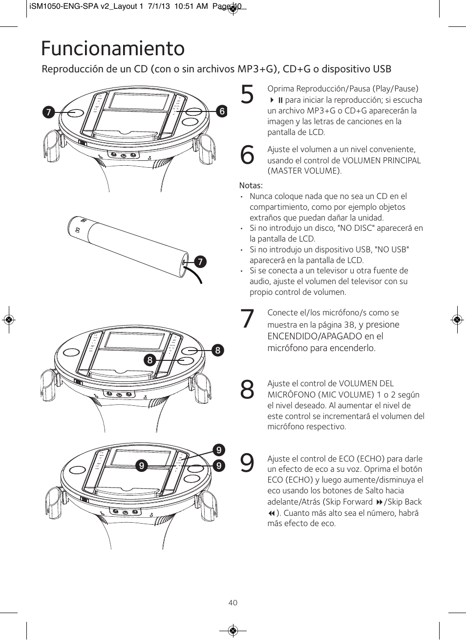 Funcionamiento | Singing Machine iSM1050 User Manual | Page 41 / 58