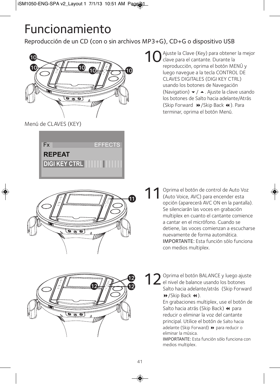 Funcionamiento | Singing Machine iSM1050 User Manual | Page 42 / 58