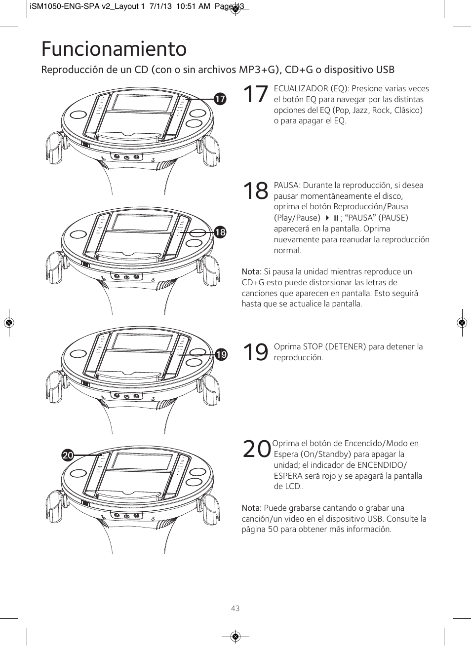 Funcionamiento | Singing Machine iSM1050 User Manual | Page 44 / 58
