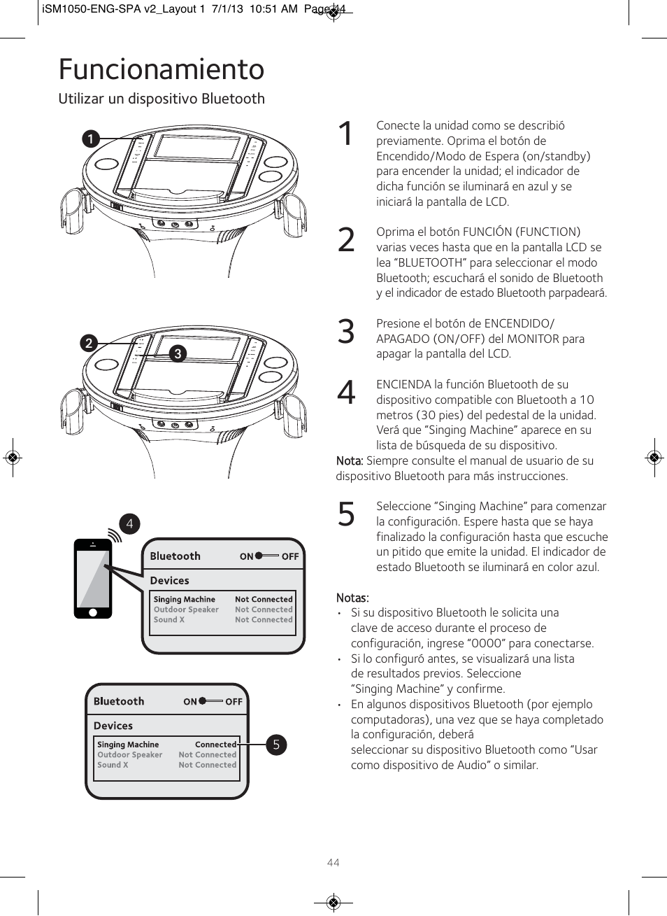 Funcionamiento | Singing Machine iSM1050 User Manual | Page 45 / 58