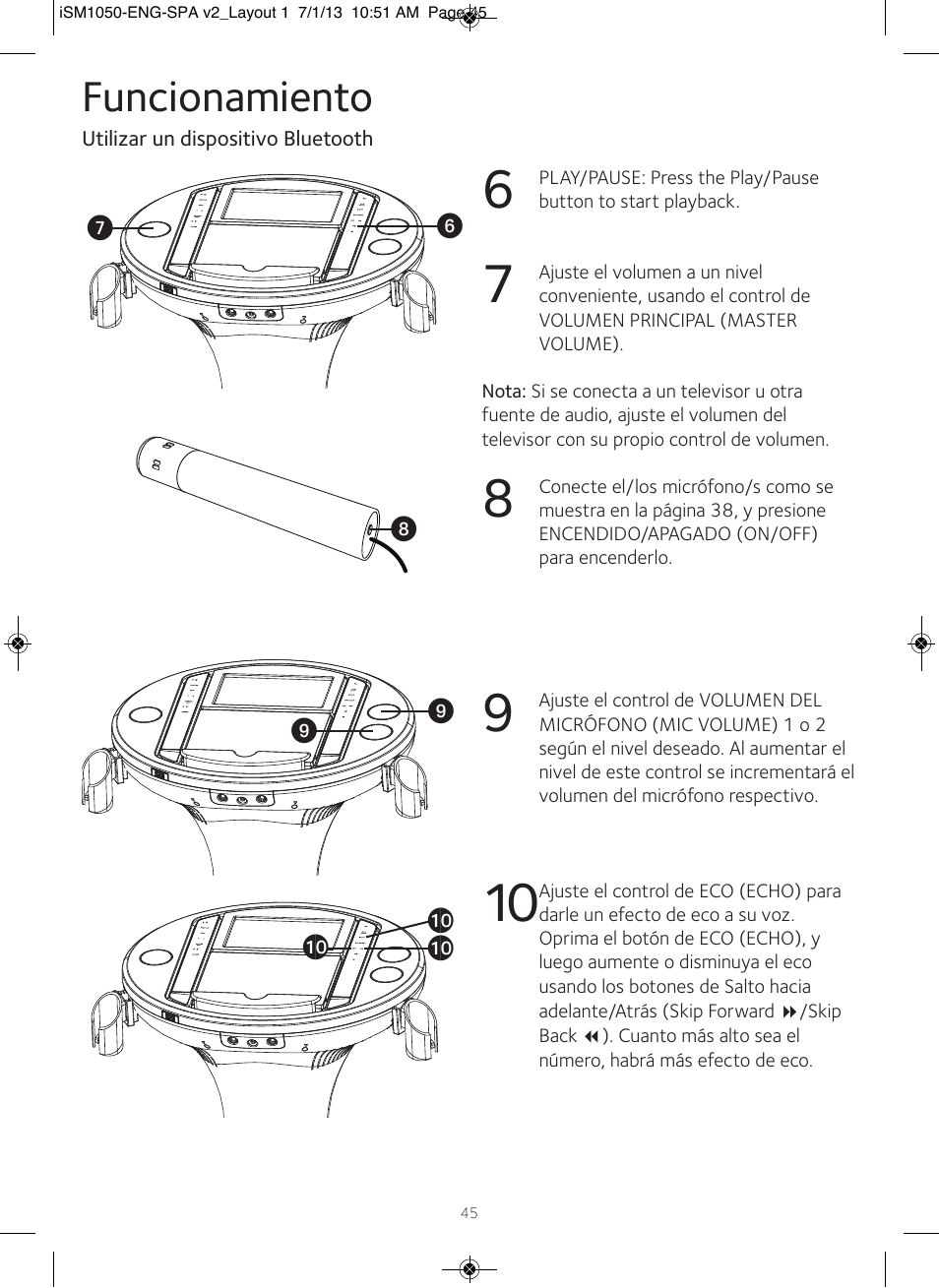 Funcionamiento | Singing Machine iSM1050 User Manual | Page 46 / 58