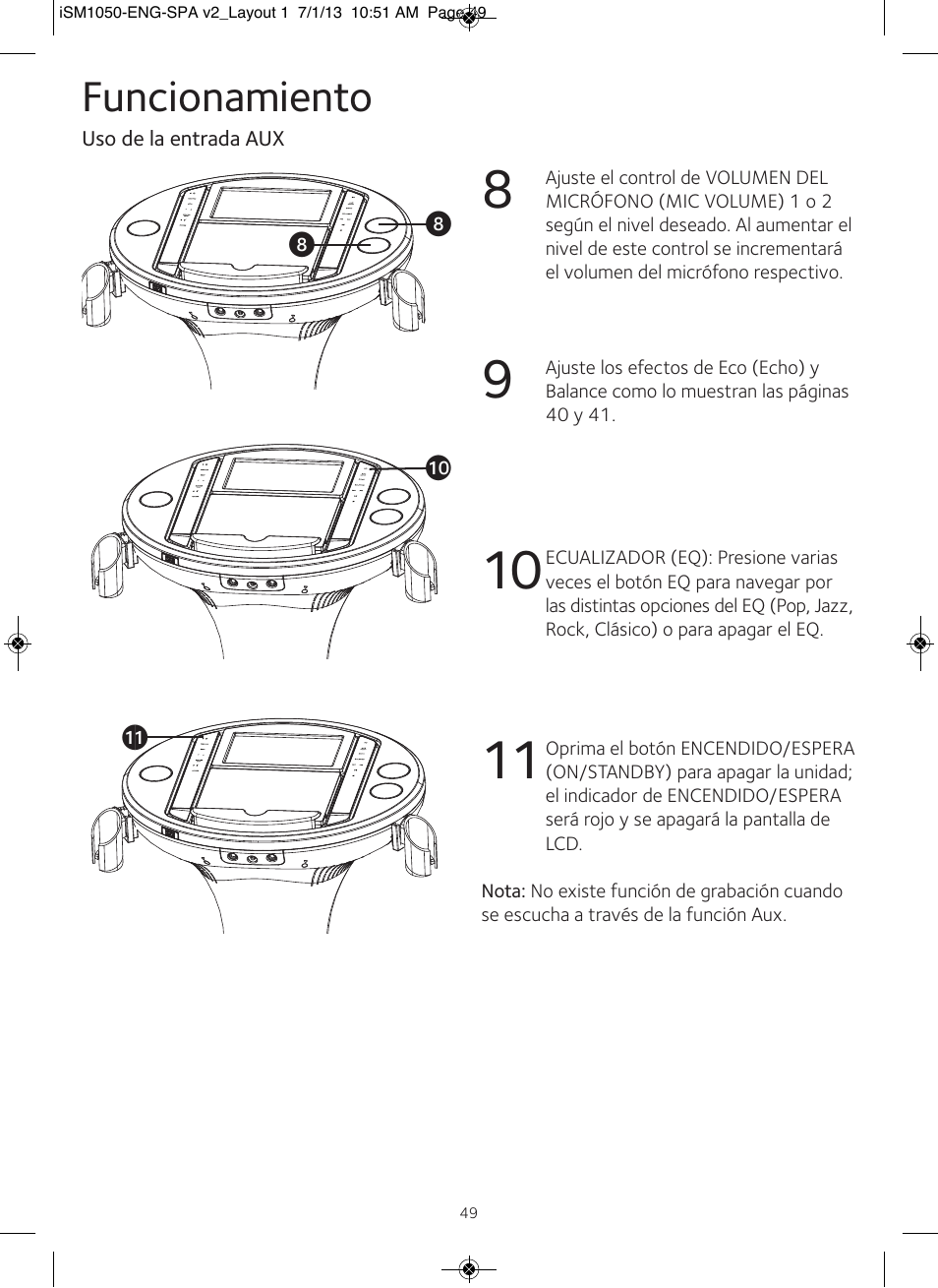 Funcionamiento | Singing Machine iSM1050 User Manual | Page 50 / 58