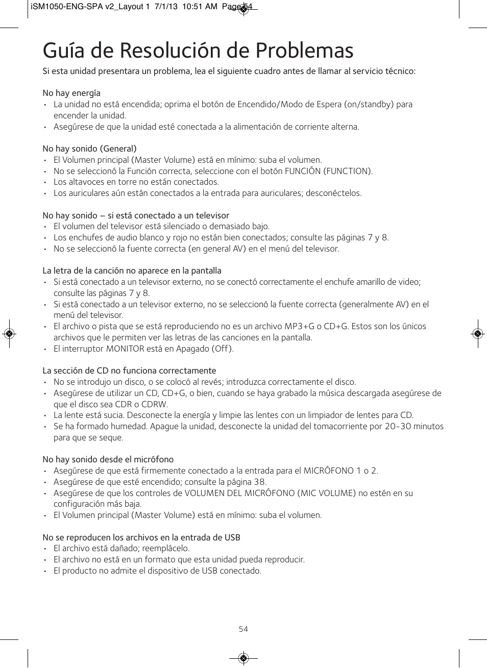 Guía de resolución de problemas | Singing Machine iSM1050 User Manual | Page 55 / 58