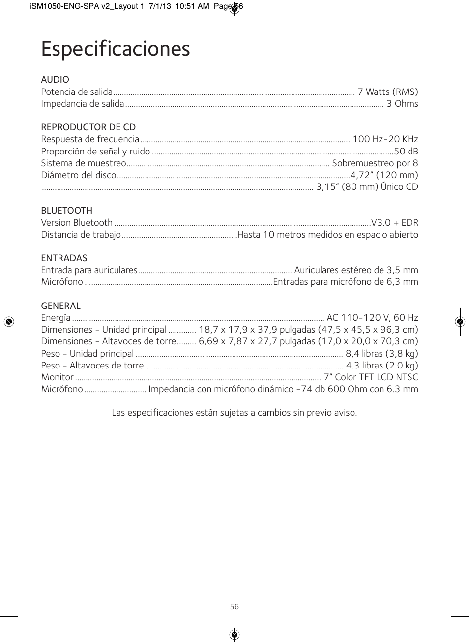 Especificaciones | Singing Machine iSM1050 User Manual | Page 57 / 58
