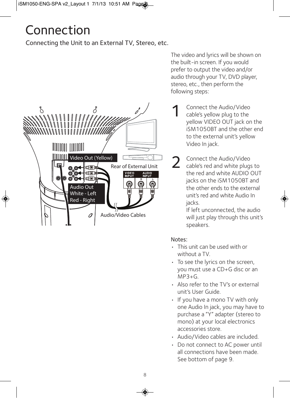 Connection | Singing Machine iSM1050 User Manual | Page 9 / 58