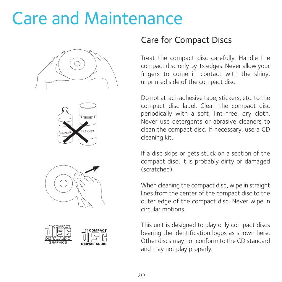 Care and maintenance, Care for compact discs | Singing Machine 4TV User Manual | Page 21 / 26