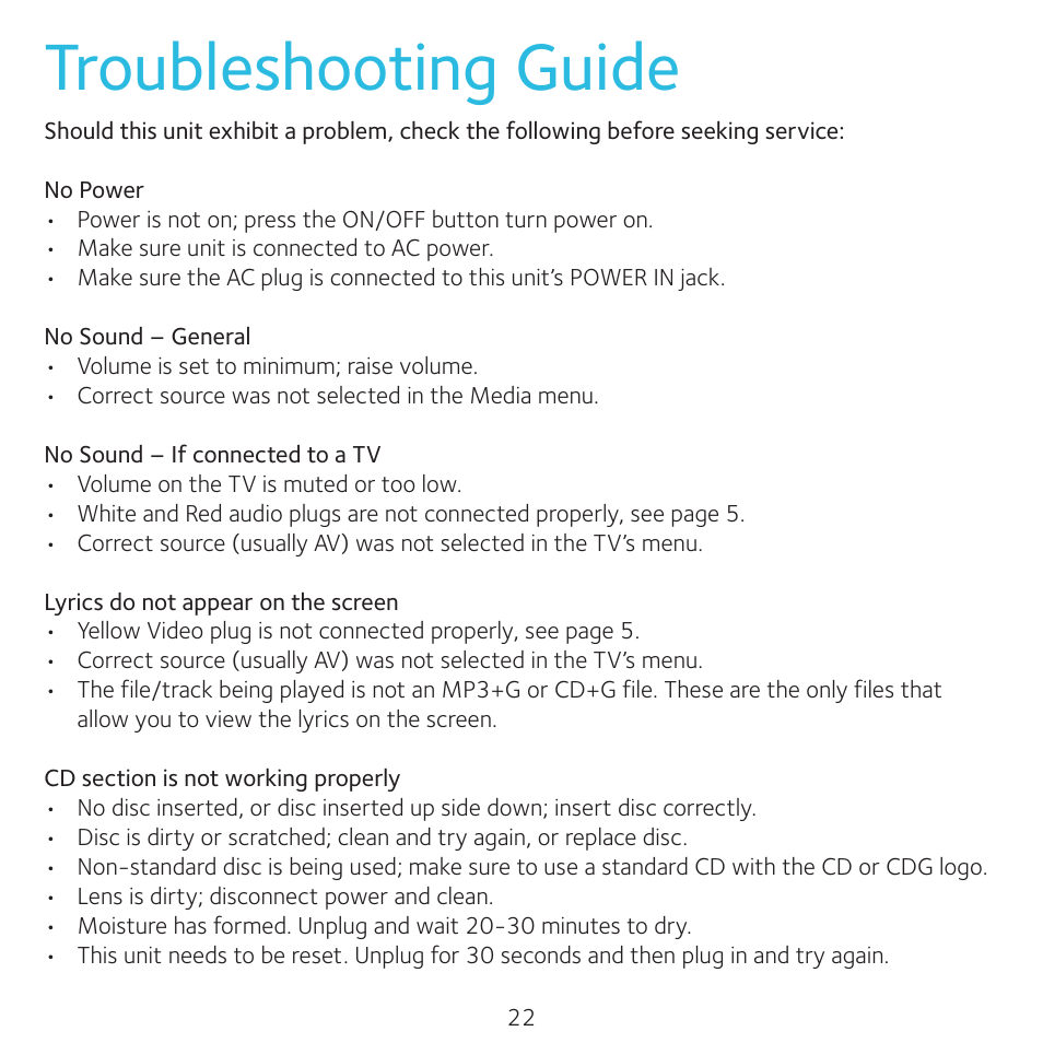 Troubleshooting guide | Singing Machine 4TV User Manual | Page 23 / 26