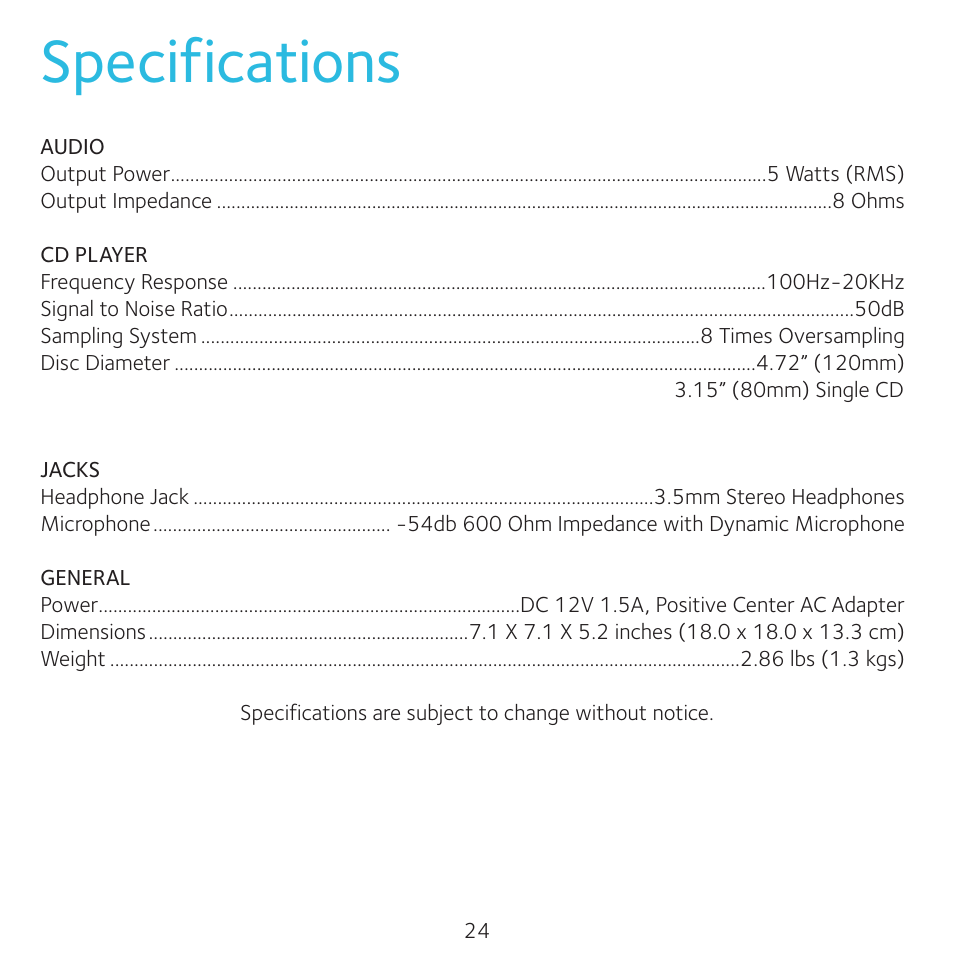 Specifications | Singing Machine 4TV User Manual | Page 25 / 26