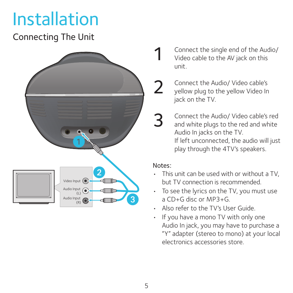 Installation, Vw u | Singing Machine 4TV User Manual | Page 6 / 26
