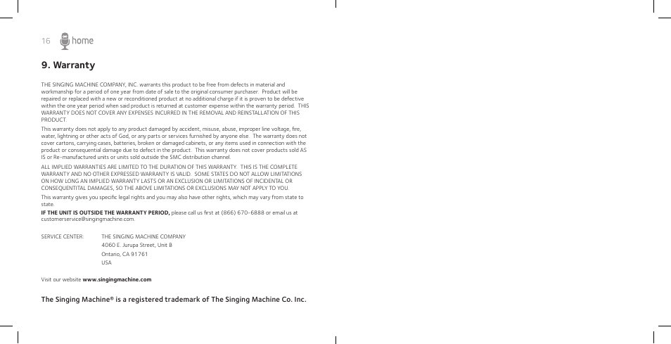 Warranty | Singing Machine SM Home User Manual | Page 10 / 28