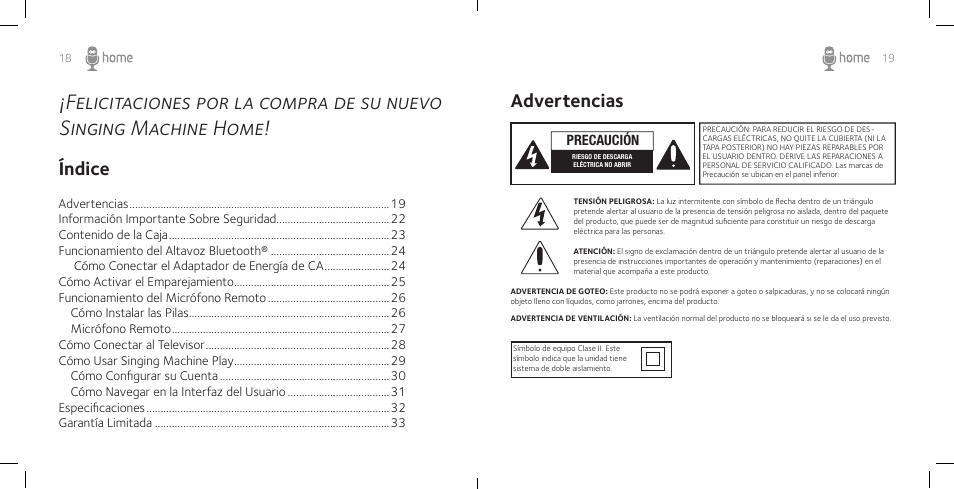 Índice, Advertencias, Precaución | Singing Machine SM Home User Manual | Page 11 / 28
