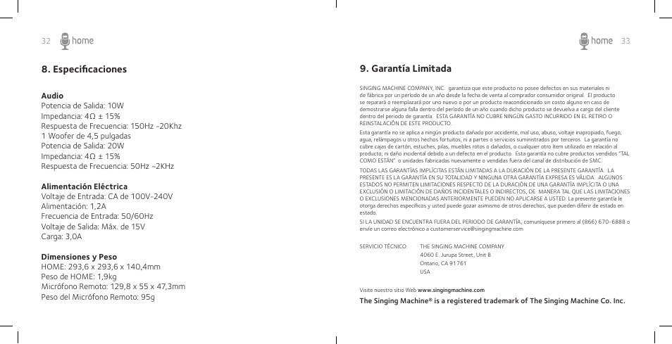 Especificaciones, Garantía limitada | Singing Machine SM Home User Manual | Page 18 / 28