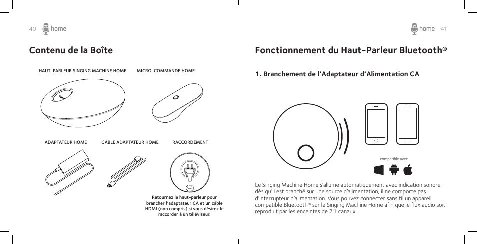 Fonctionnement du haut-parleur bluetooth, Contenu de la boîte, Branchement de l’adaptateur d’alimentation ca | Singing Machine SM Home User Manual | Page 22 / 28