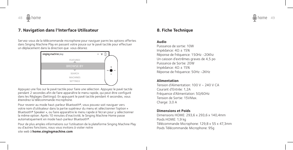 Fiche technique, Navigation dans l’interface utilisateur | Singing Machine SM Home User Manual | Page 26 / 28