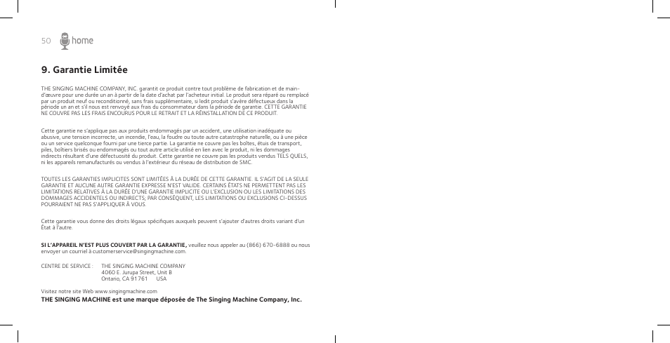 Garantie limitée | Singing Machine SM Home User Manual | Page 27 / 28