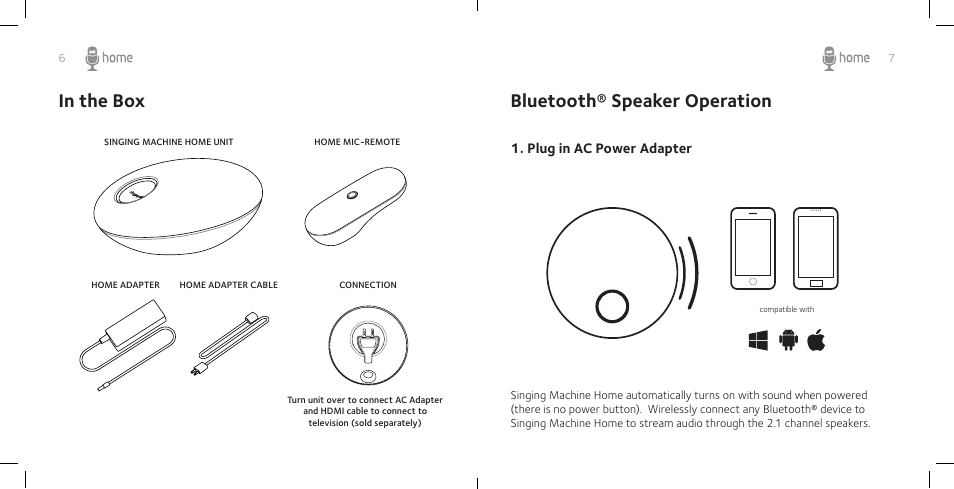 Bluetooth® speaker operation, Plug in ac power adapter | Singing Machine SM Home User Manual | Page 5 / 28