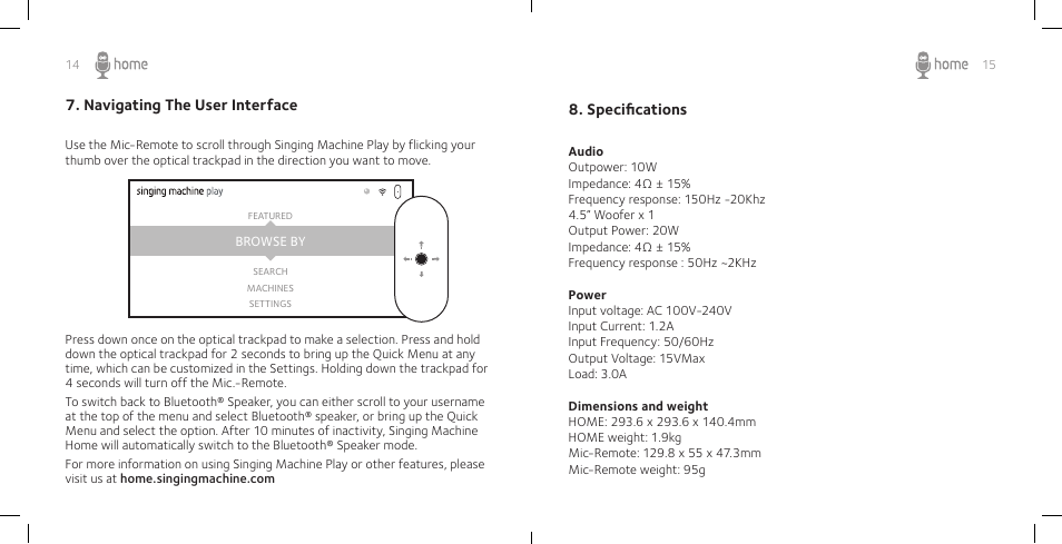 Navigating the user interface, Specifications | Singing Machine SM Home User Manual | Page 9 / 28