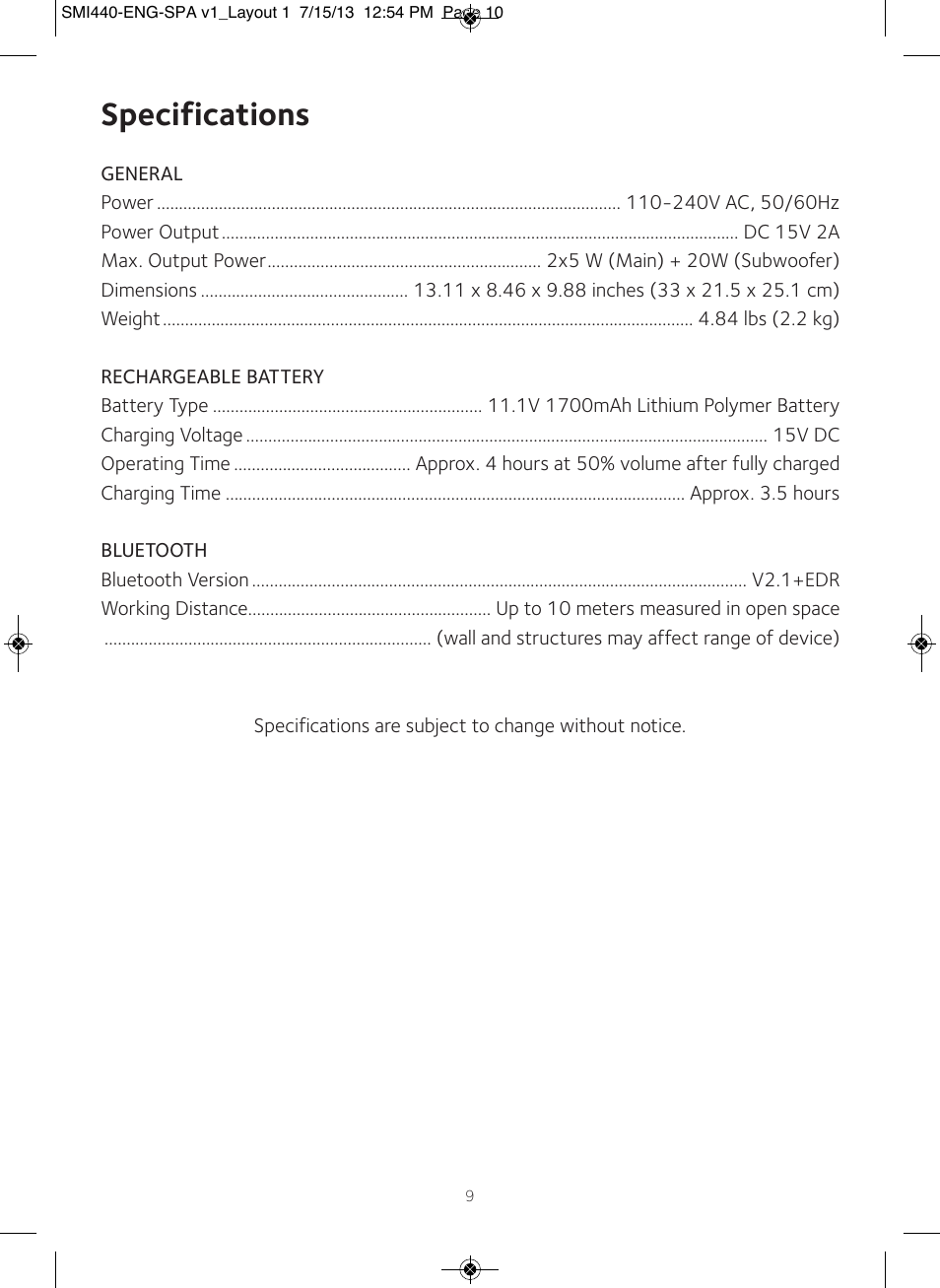 Specifications | Singing Machine SMI440 User Manual | Page 10 / 22