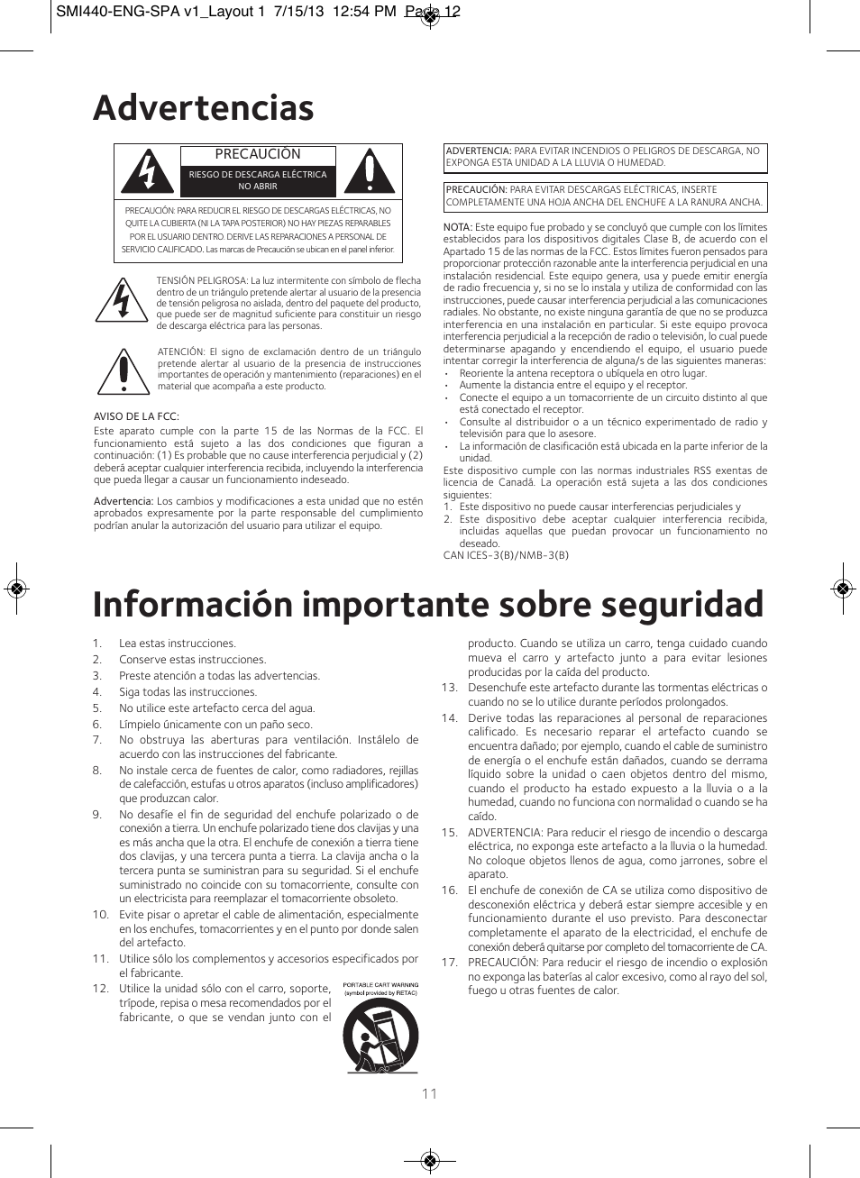 Advertencias, Información importante sobre seguridad | Singing Machine SMI440 User Manual | Page 12 / 22