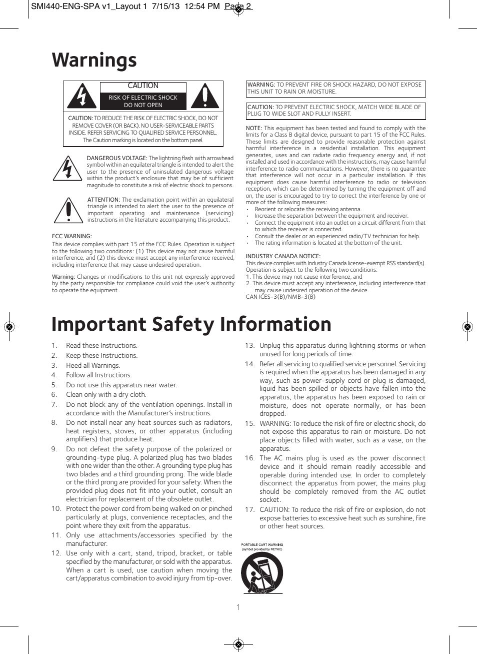Warnings, Important safety information | Singing Machine SMI440 User Manual | Page 2 / 22