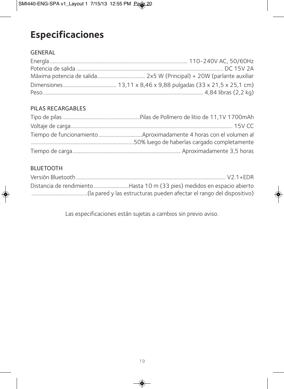 Especificaciones | Singing Machine SMI440 User Manual | Page 20 / 22