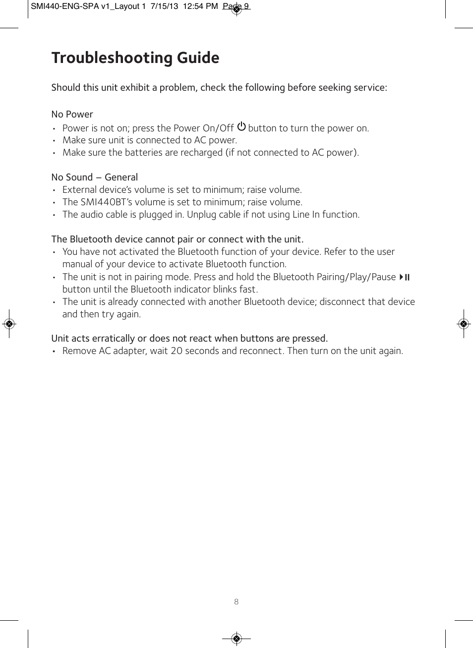 Troubleshooting guide | Singing Machine SMI440 User Manual | Page 9 / 22